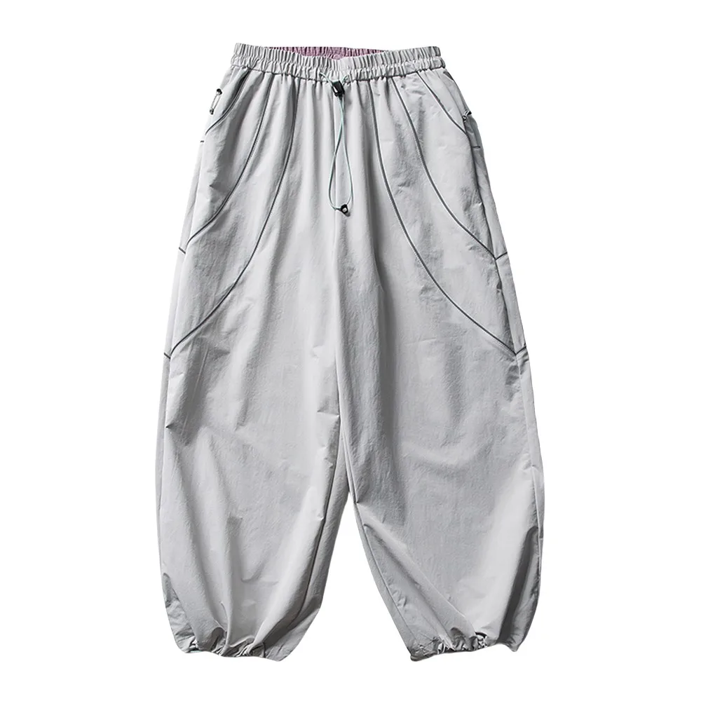 Embroidery Spliced Jogger Pants Mens Safari Style Elastic Waist Baggy Wide Leg Quick Dry Trousers Man