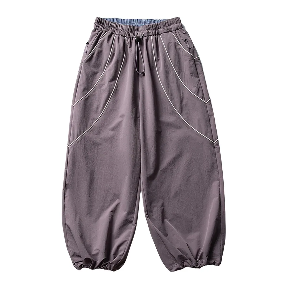 Embroidery Spliced Jogger Pants Mens Safari Style Elastic Waist Baggy Wide Leg Quick Dry Trousers Man