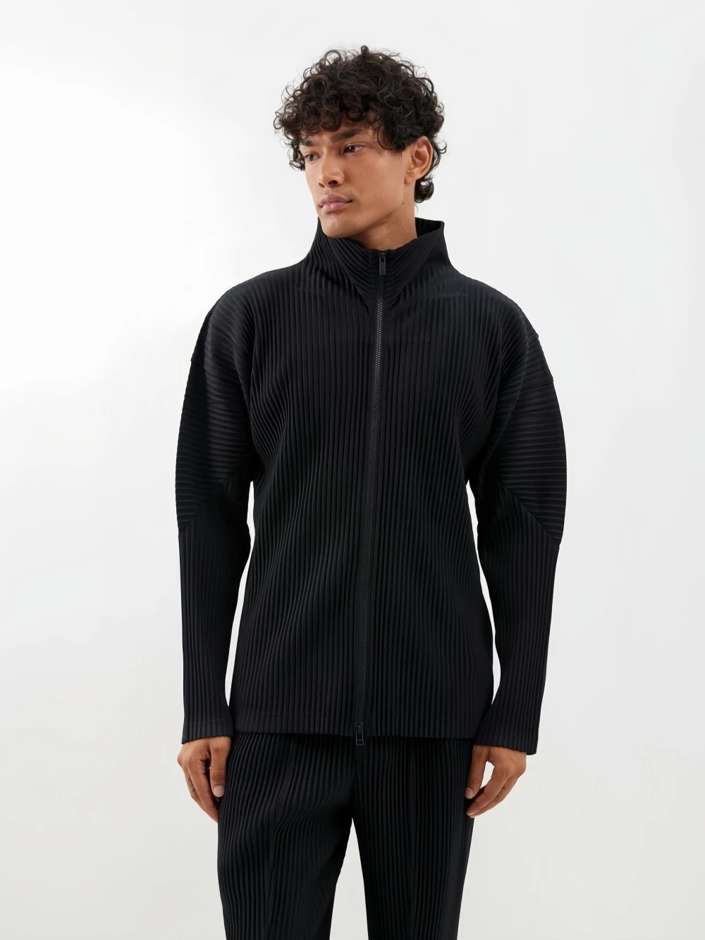 Miyake Pleated Men's Jacket Two Way Zipper Casual Loose Coat Japanese Fashion Streetwear Outerwear