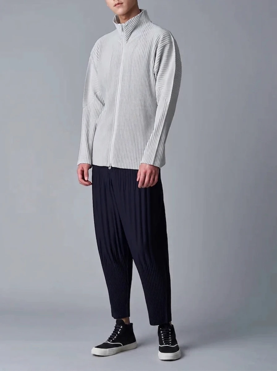 Miyake Pleated Men's Jacket Two Way Zipper Casual Loose Coat Japanese Fashion Streetwear Outerwear