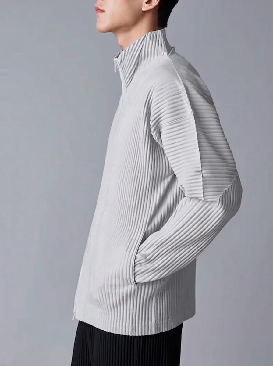 Miyake Pleated Men's Jacket Two Way Zipper Casual Loose Coat Japanese Fashion Streetwear Outerwear