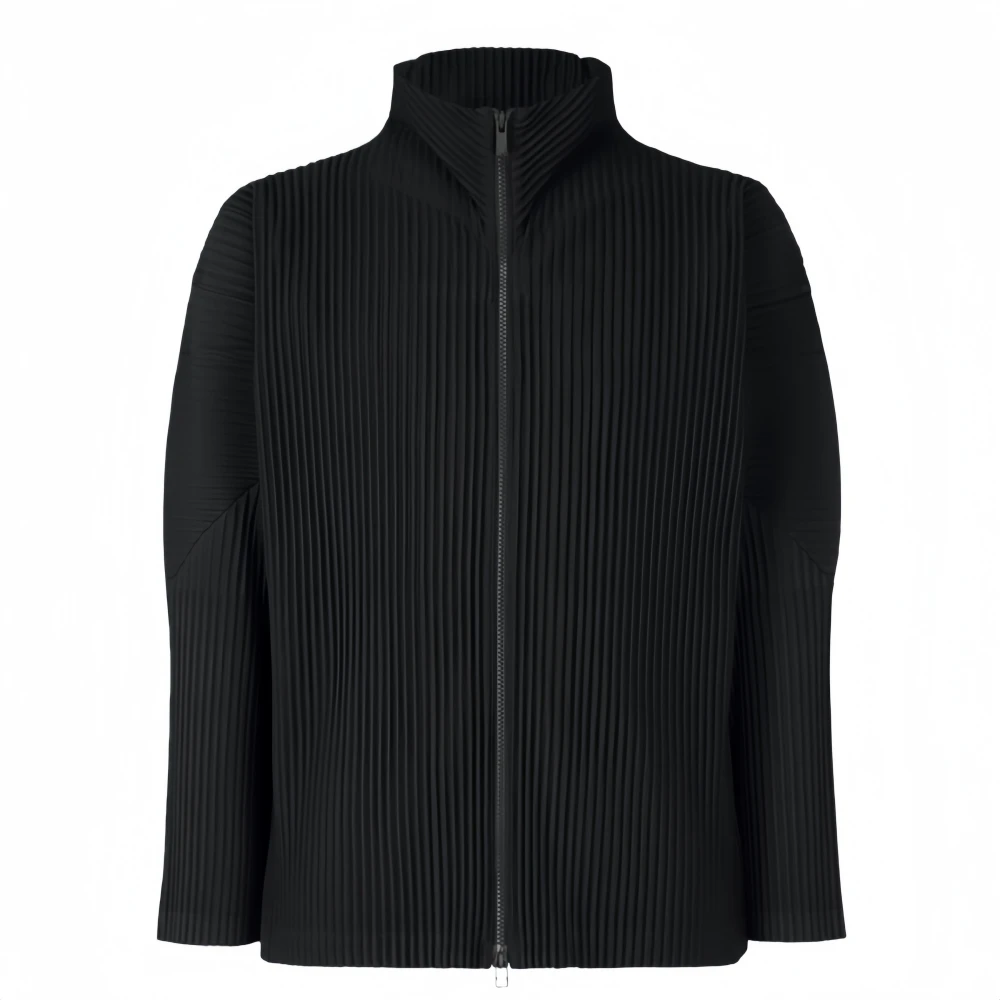 Miyake Pleated Men's Jacket Two Way Zipper Casual Loose Coat Japanese Fashion Streetwear Outerwear