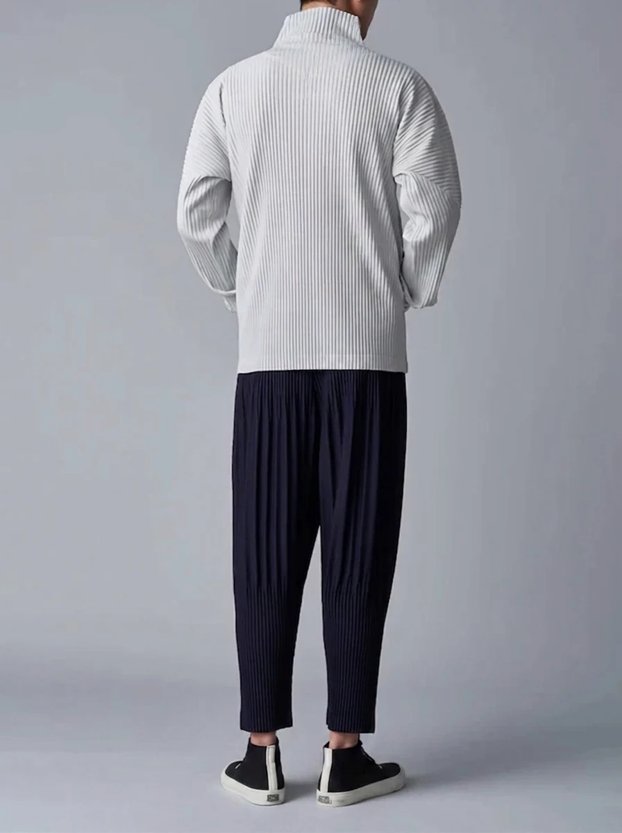 Miyake Pleated Men's Jacket Two Way Zipper Casual Loose Coat Japanese Fashion Streetwear Outerwear