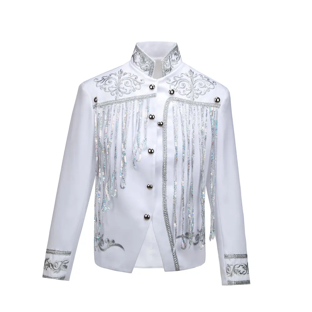 Steampunk Men's Jacket DJ Dancer Ternos White Men Costumes Clothing Black and Gold Blazer with Sequin Tassels for Performer