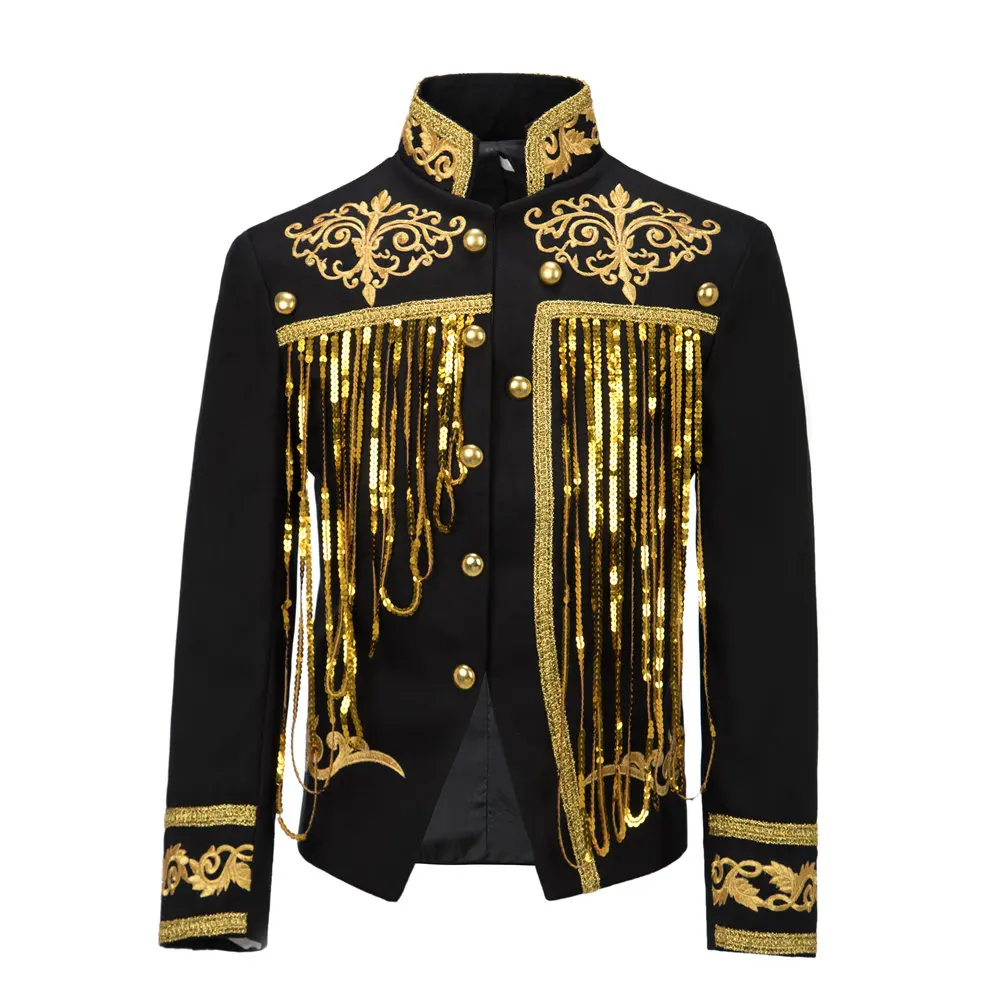 Steampunk Men's Jacket DJ Dancer Ternos White Men Costumes Clothing Black and Gold Blazer with Sequin Tassels for Performer