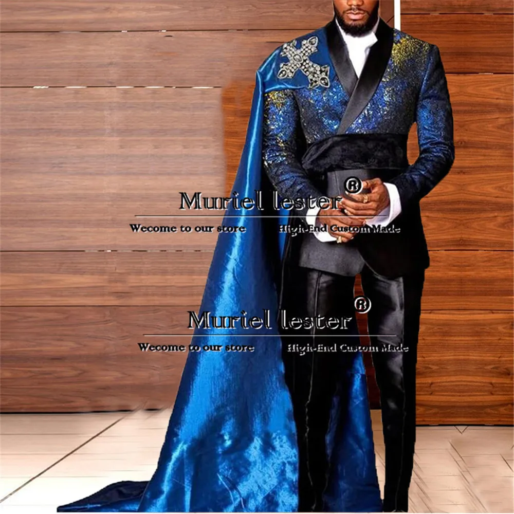 Jacquard Suits Men For Wedding Double Breasted Jacket With Cape Formal Business Man Jacket Pants 2 Piece Groom Tuxedo Customized