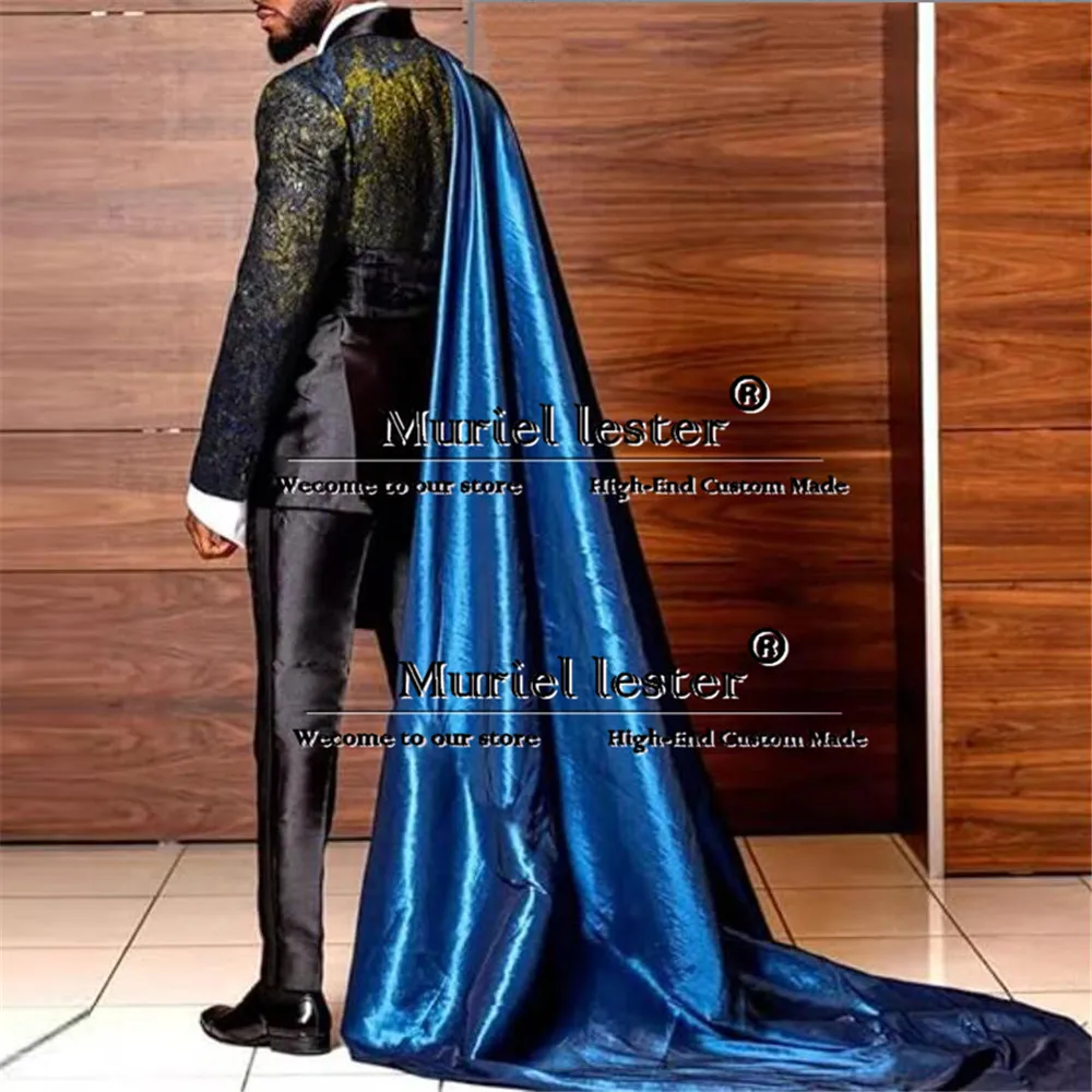 Jacquard Suits Men For Wedding Double Breasted Jacket With Cape Formal Business Man Jacket Pants 2 Piece Groom Tuxedo Customized