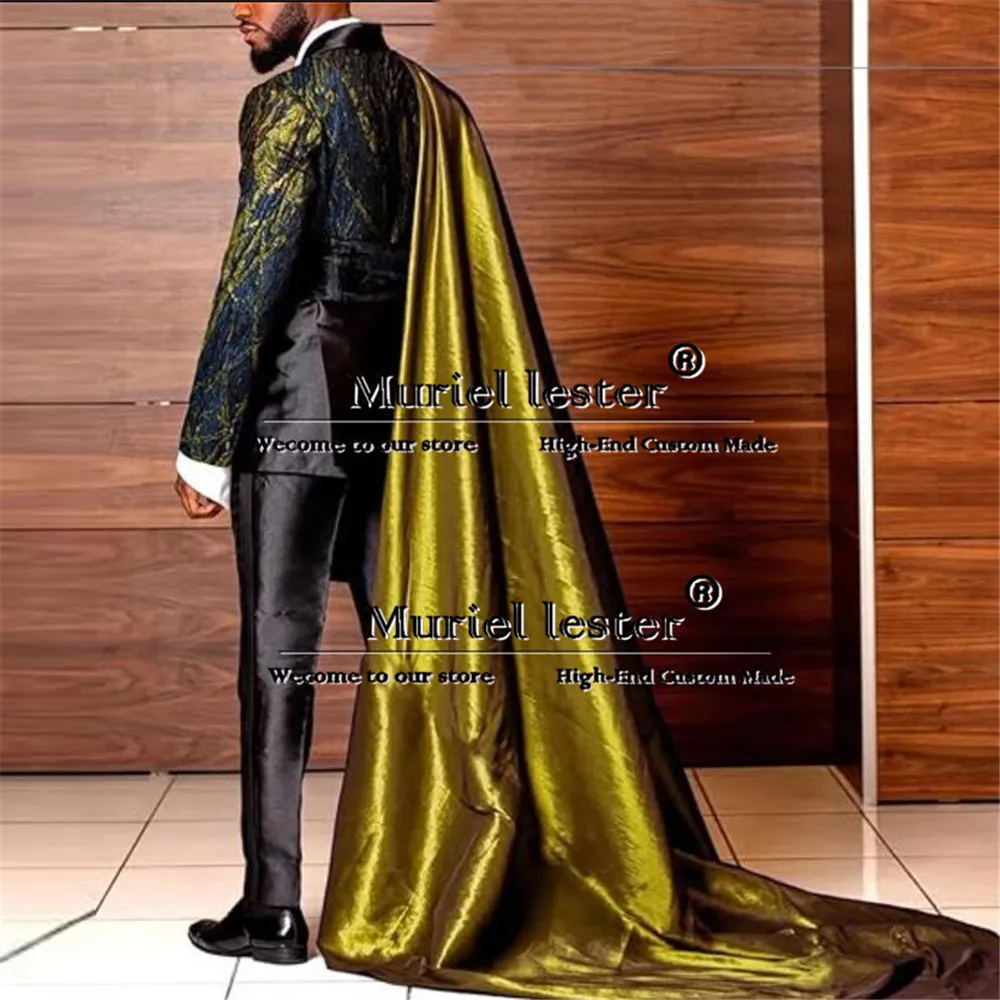 Jacquard Suits Men For Wedding Double Breasted Jacket With Cape Formal Business Man Jacket Pants 2 Piece Groom Tuxedo Customized