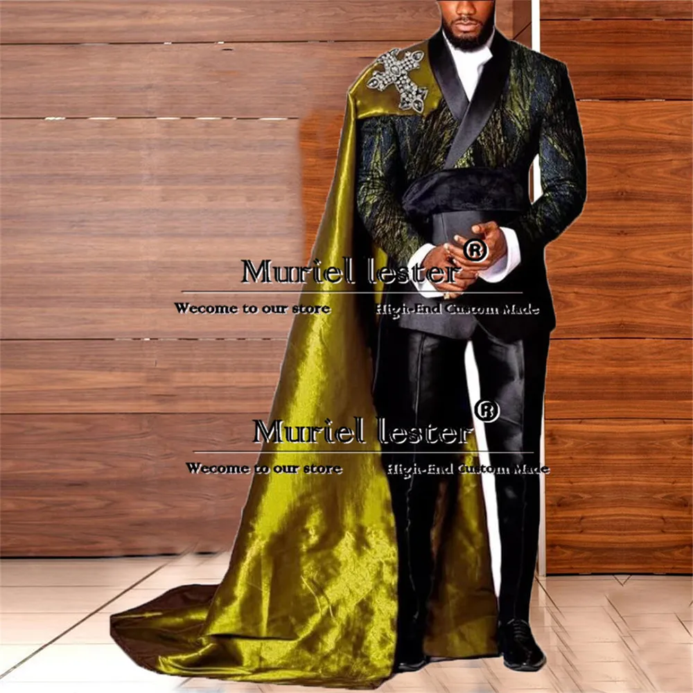 Jacquard Suits Men For Wedding Double Breasted Jacket With Cape Formal Business Man Jacket Pants 2 Piece Groom Tuxedo Customized
