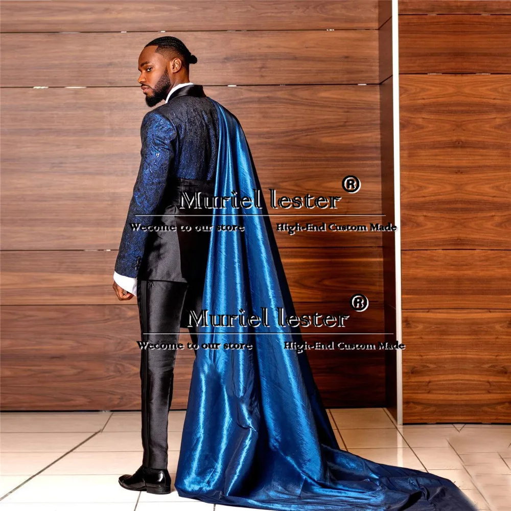 Jacquard Suits Men For Wedding Double Breasted Jacket With Cape Formal Business Man Jacket Pants 2 Piece Groom Tuxedo Customized