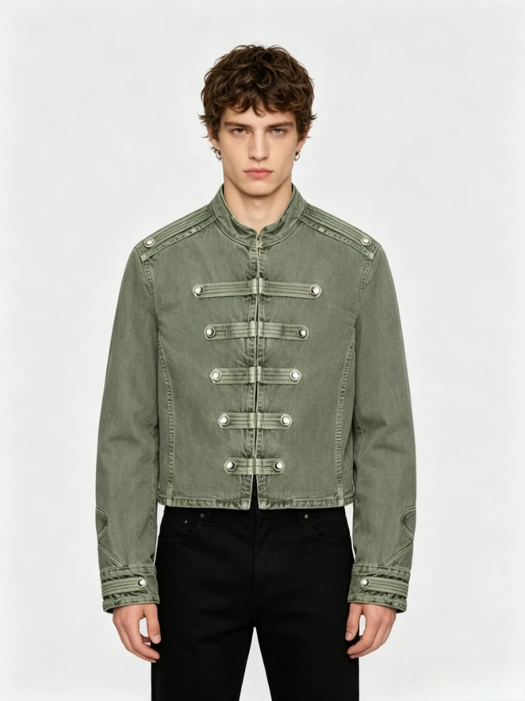 Mens Jacket Vintage Napoleon Collar Denim Coat Harajuku Unisex Loose Fit Button Detail Short Jacket Casual Streetwear Fashion