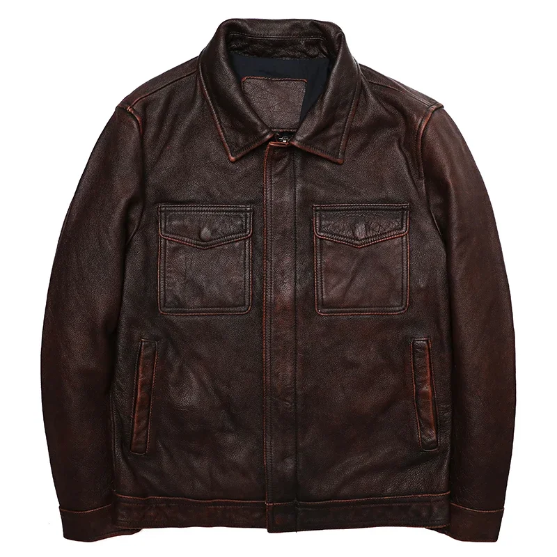 Classical Red Brown Vintage Genuine Leather Jacket Men 100% Natural Quality Cowhide Coat Male Slim Black Grey Jackets Clothes