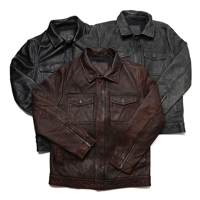 Classical Red Brown Vintage Genuine Leather Jacket Men 100% Natural Quality Cowhide Coat Male Slim Black Grey Jackets Clothes