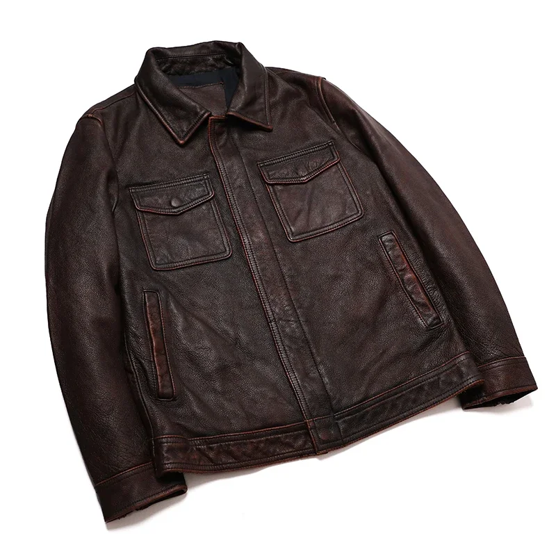 Classical Red Brown Vintage Genuine Leather Jacket Men 100% Natural Quality Cowhide Coat Male Slim Black Grey Jackets Clothes