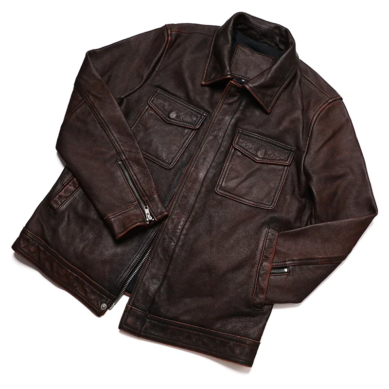 Classical Red Brown Vintage Genuine Leather Jacket Men 100% Natural Quality Cowhide Coat Male Slim Black Grey Jackets Clothes