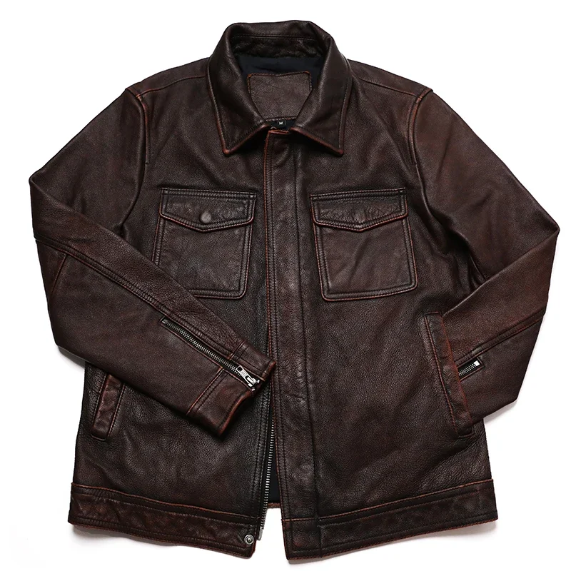 Classical Red Brown Vintage Genuine Leather Jacket Men 100% Natural Quality Cowhide Coat Male Slim Black Grey Jackets Clothes