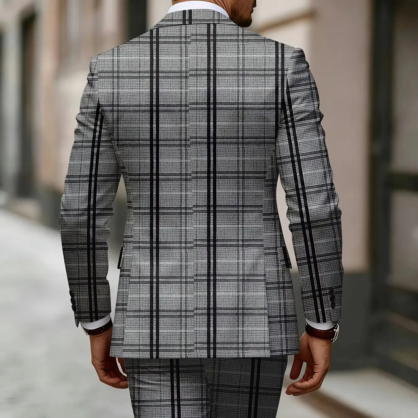 European American Style Men's Business Fashion High Quality Grey Two-Piece Suit Plaid Print Casual Style