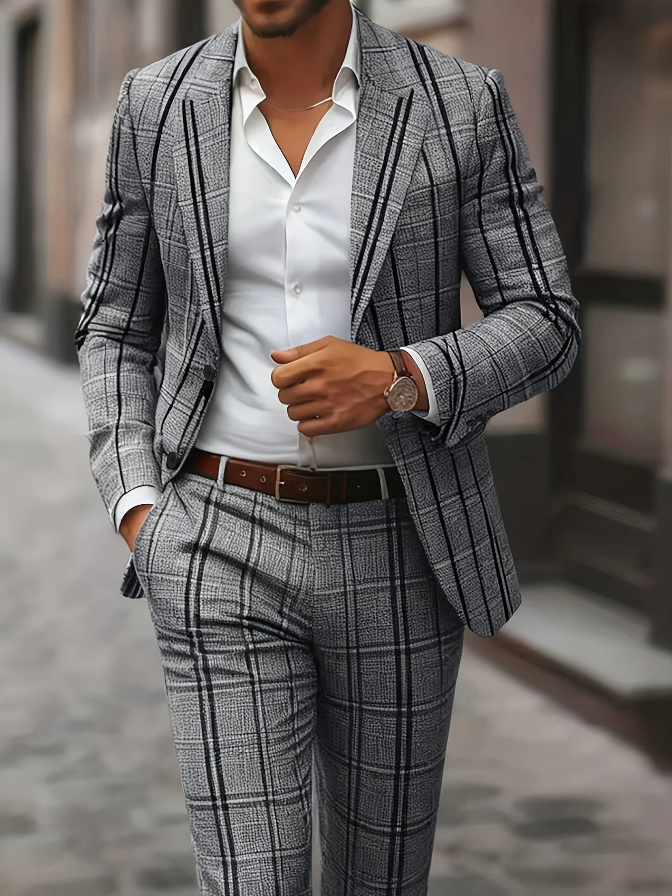 European American Style Men's Business Fashion High Quality Grey Two-Piece Suit Plaid Print Casual Style