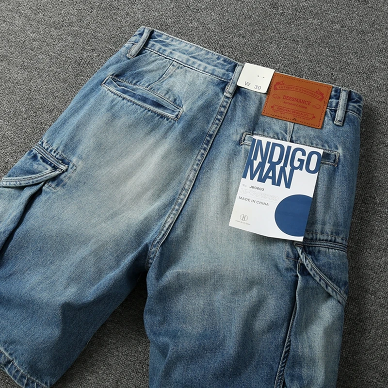Summer New American Retro Heavyweight Denim Cargo Shorts Men's Fashion 100% Cotton Washed Make Old Straight Casual 5-point Pants