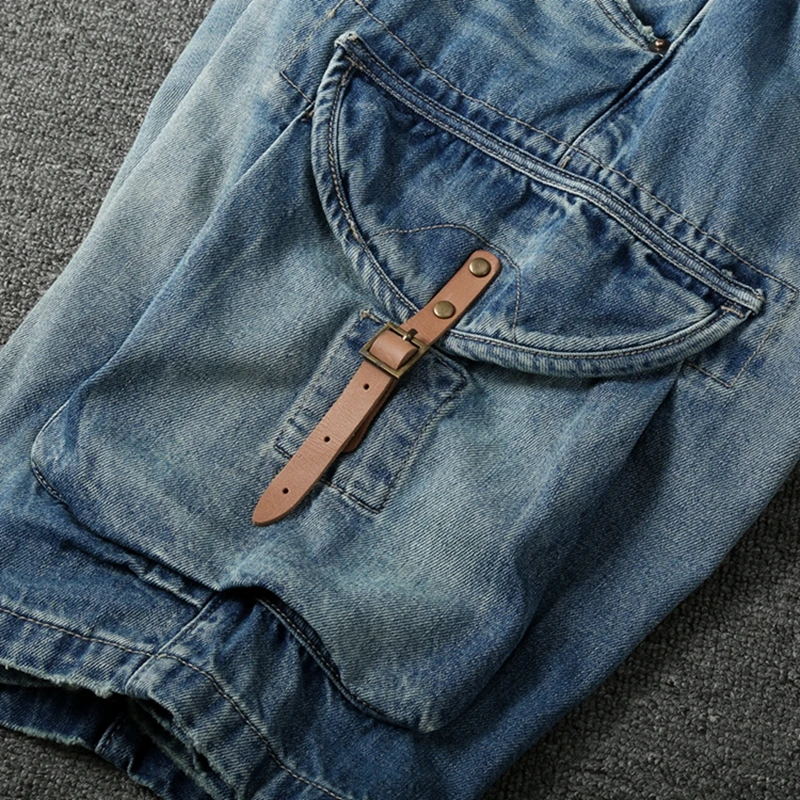 Summer New American Retro Heavyweight Denim Cargo Shorts Men's Fashion 100% Cotton Washed Make Old Straight Casual 5-point Pants