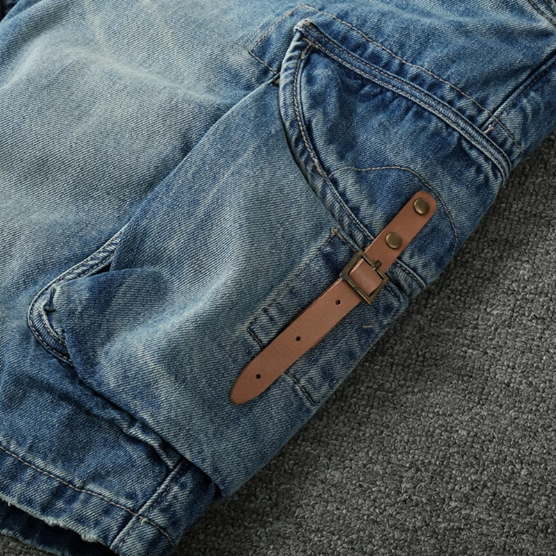 Summer New American Retro Heavyweight Denim Cargo Shorts Men's Fashion 100% Cotton Washed Make Old Straight Casual 5-point Pants
