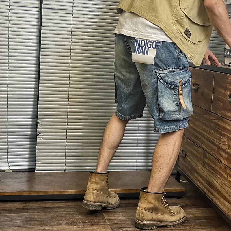 Summer New American Retro Heavyweight Denim Cargo Shorts Men's Fashion 100% Cotton Washed Make Old Straight Casual 5-point Pants