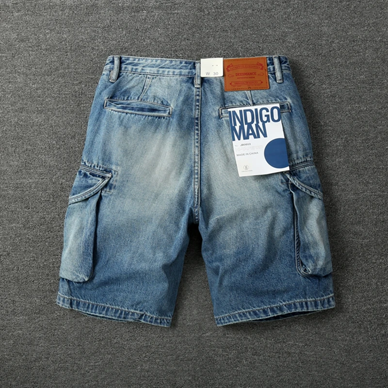 Summer New American Retro Heavyweight Denim Cargo Shorts Men's Fashion 100% Cotton Washed Make Old Straight Casual 5-point Pants