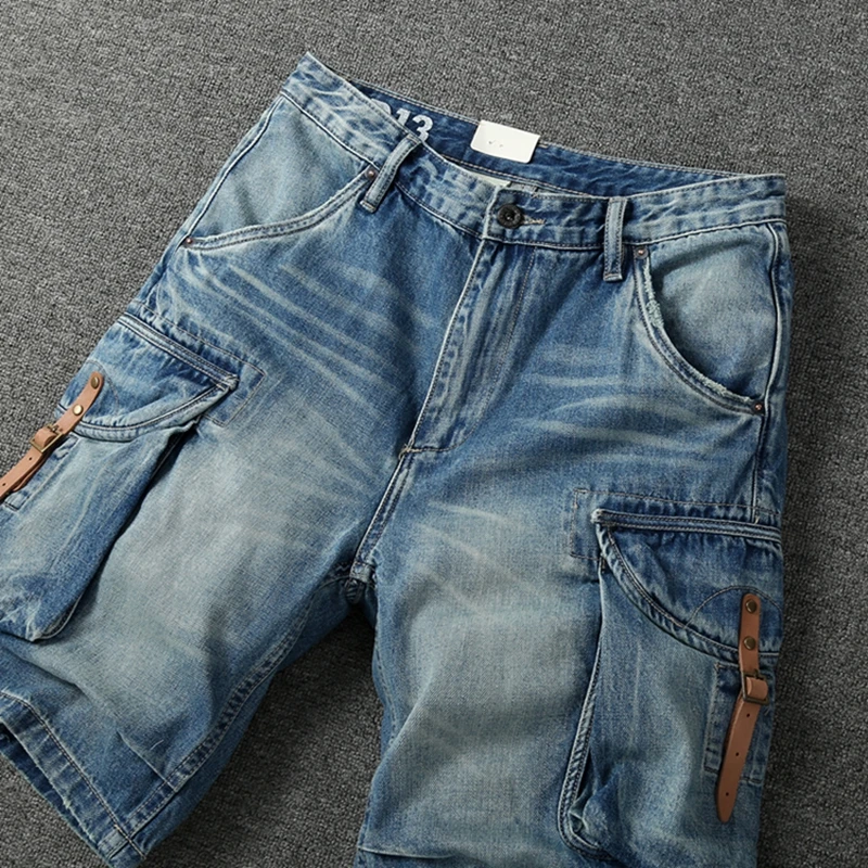 Summer New American Retro Heavyweight Denim Cargo Shorts Men's Fashion 100% Cotton Washed Make Old Straight Casual 5-point Pants