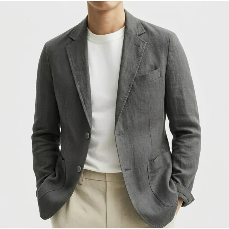 KIDWHXR Man Suit Outerwear Thin Comfortable Single-breasted Men Blazer Simple Solid Color Long Sleeve Pocket Male Casual Coat