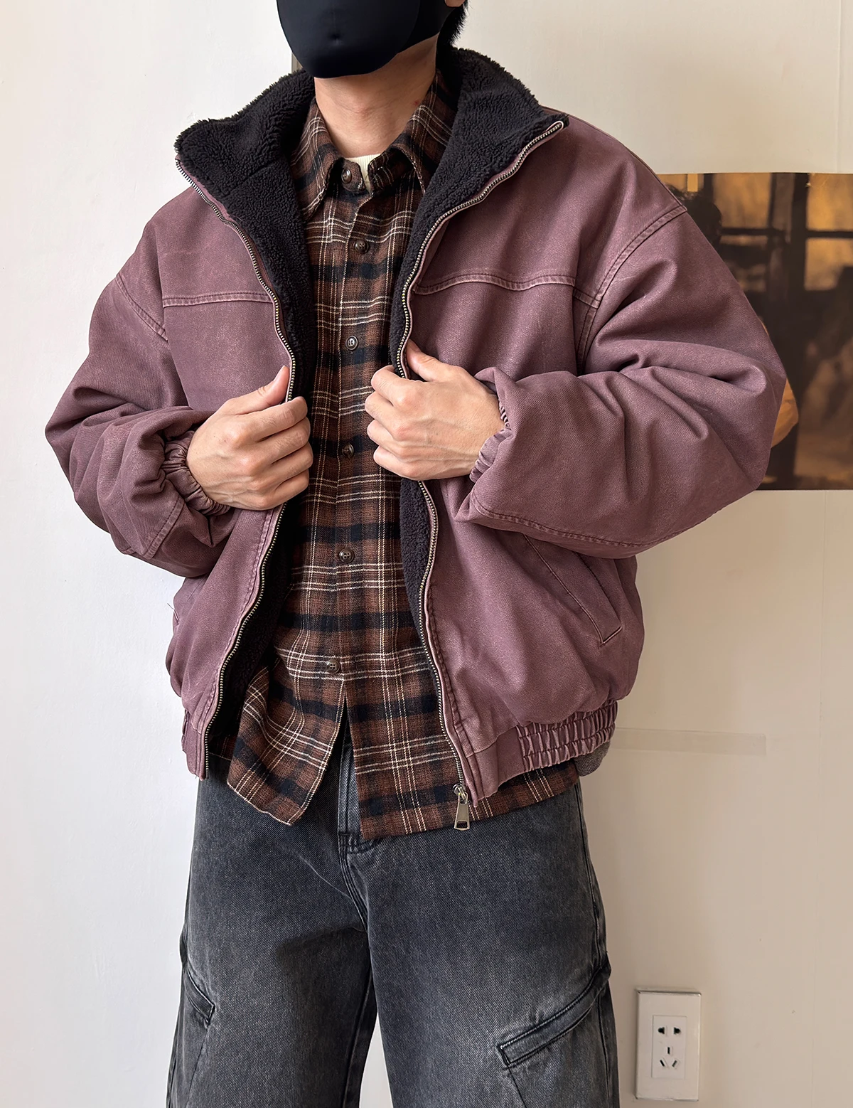 Mens Winter Heavy Duty Washed Distressed Fleece Jacket Thick Warm Windproof Stand Collar Streetwear High Quality Outdoor Coat