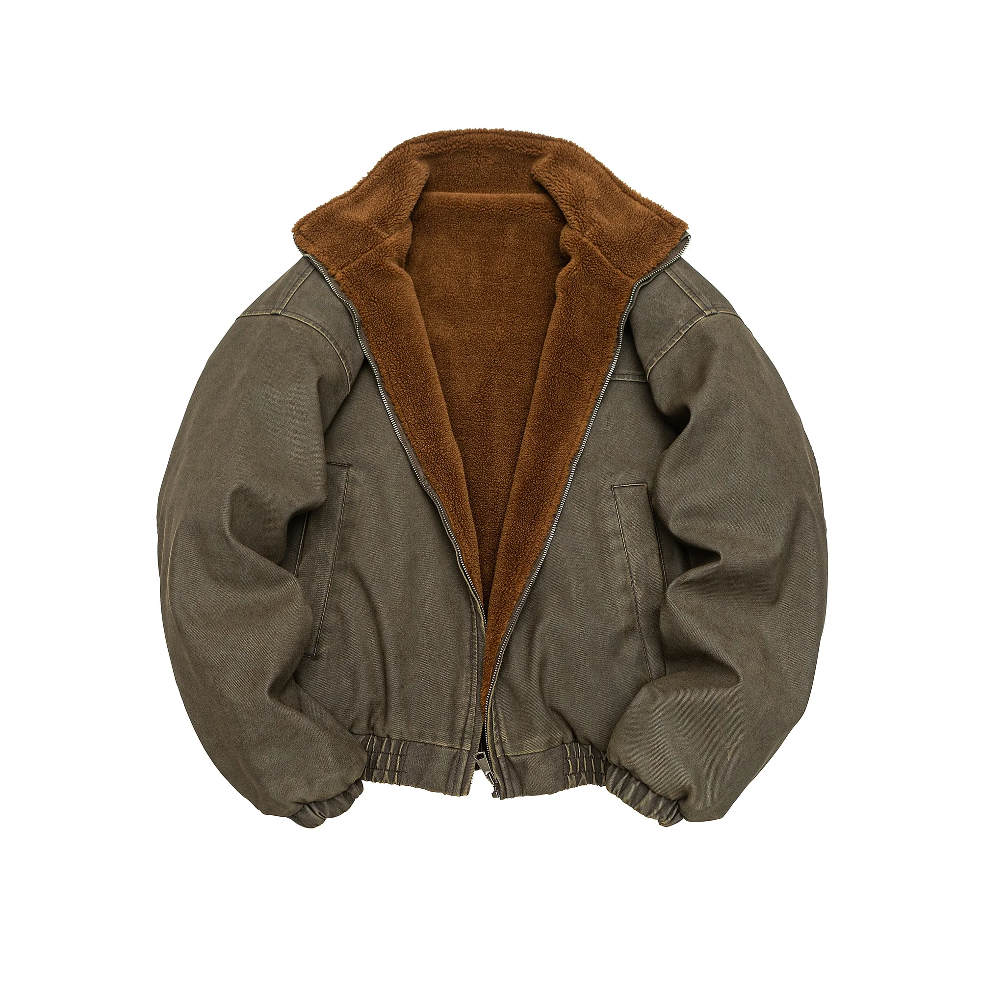 Mens Winter Heavy Duty Washed Distressed Fleece Jacket Thick Warm Windproof Stand Collar Streetwear High Quality Outdoor Coat