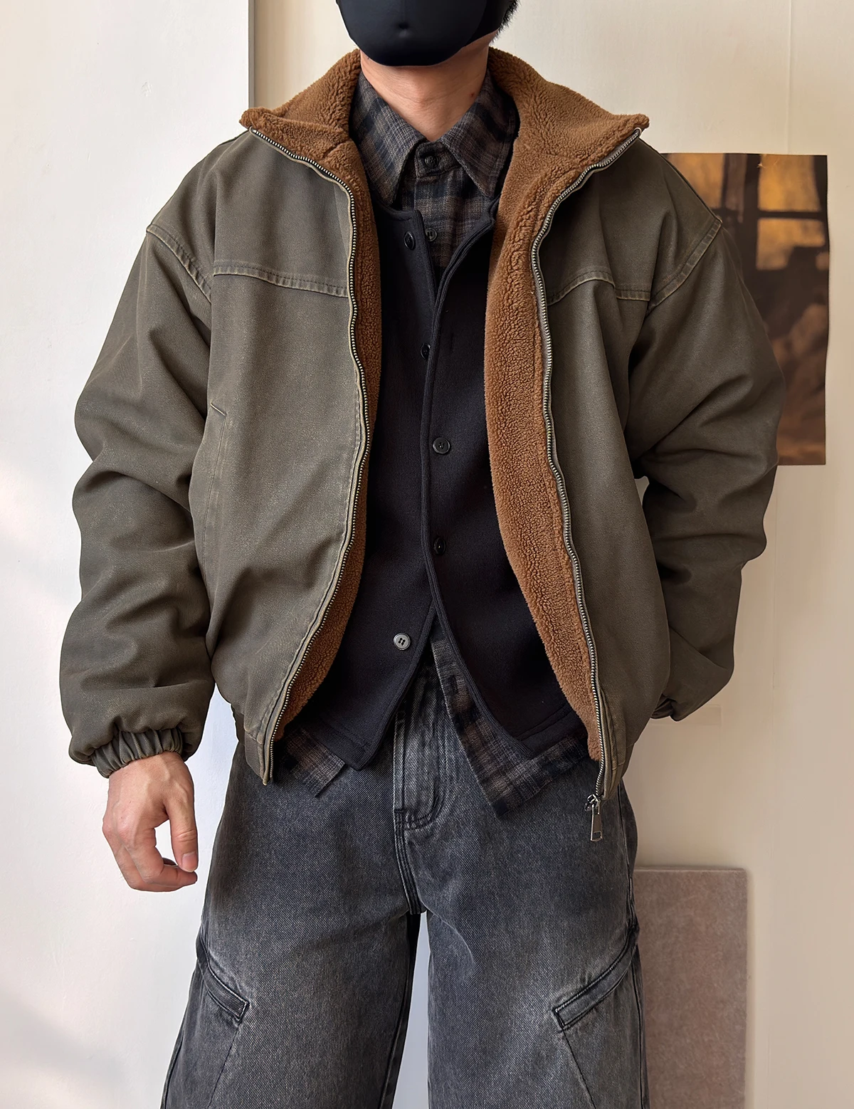 Mens Winter Heavy Duty Washed Distressed Fleece Jacket Thick Warm Windproof Stand Collar Streetwear High Quality Outdoor Coat