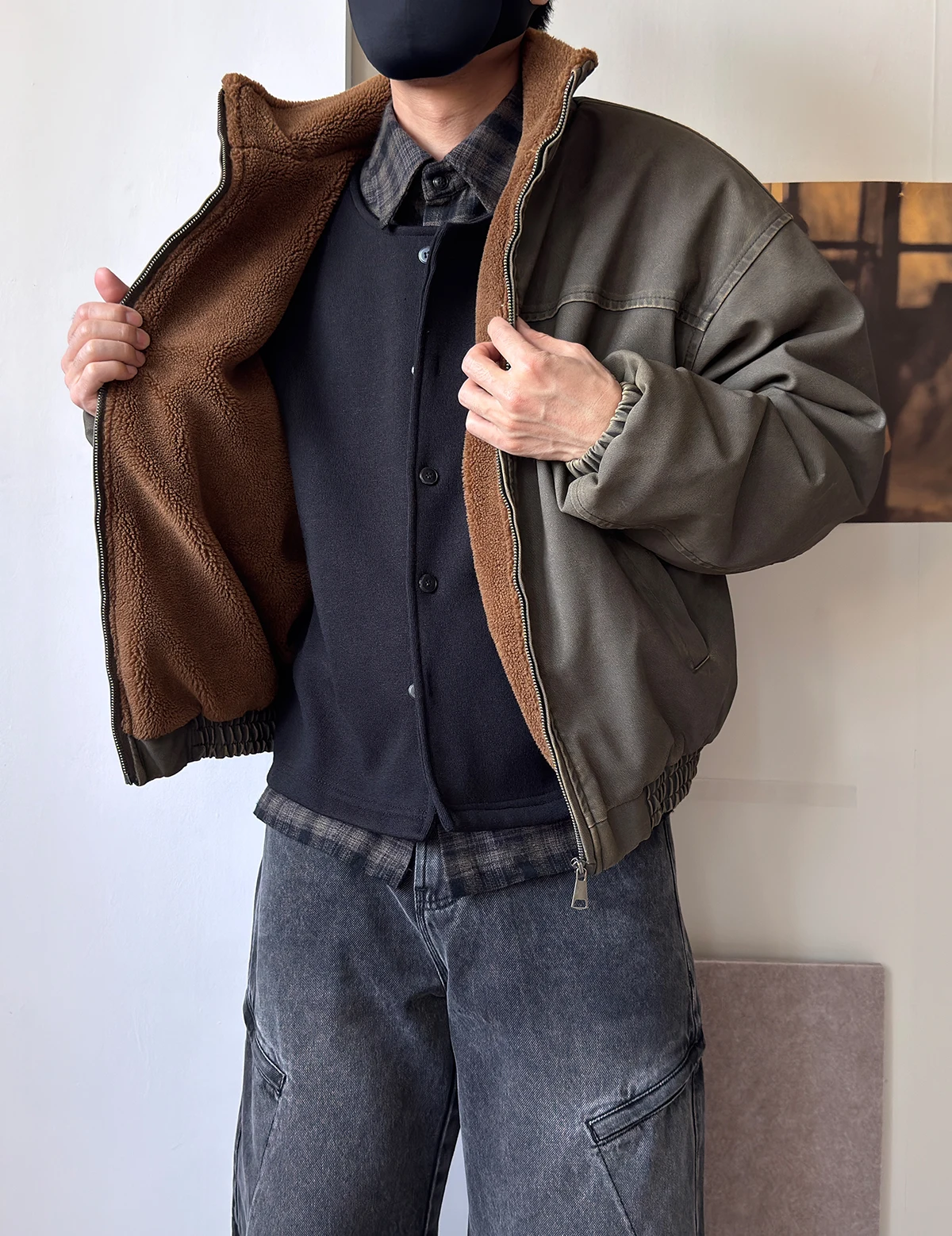 Mens Winter Heavy Duty Washed Distressed Fleece Jacket Thick Warm Windproof Stand Collar Streetwear High Quality Outdoor Coat