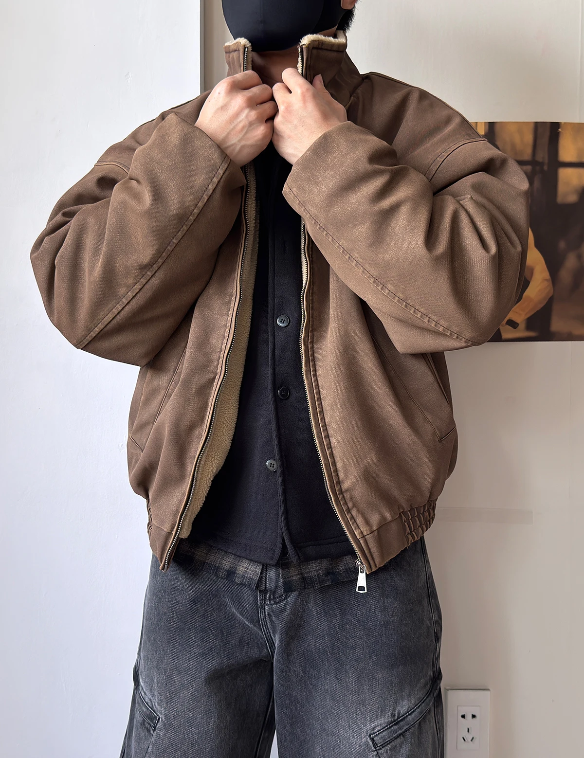 Mens Winter Heavy Duty Washed Distressed Fleece Jacket Thick Warm Windproof Stand Collar Streetwear High Quality Outdoor Coat