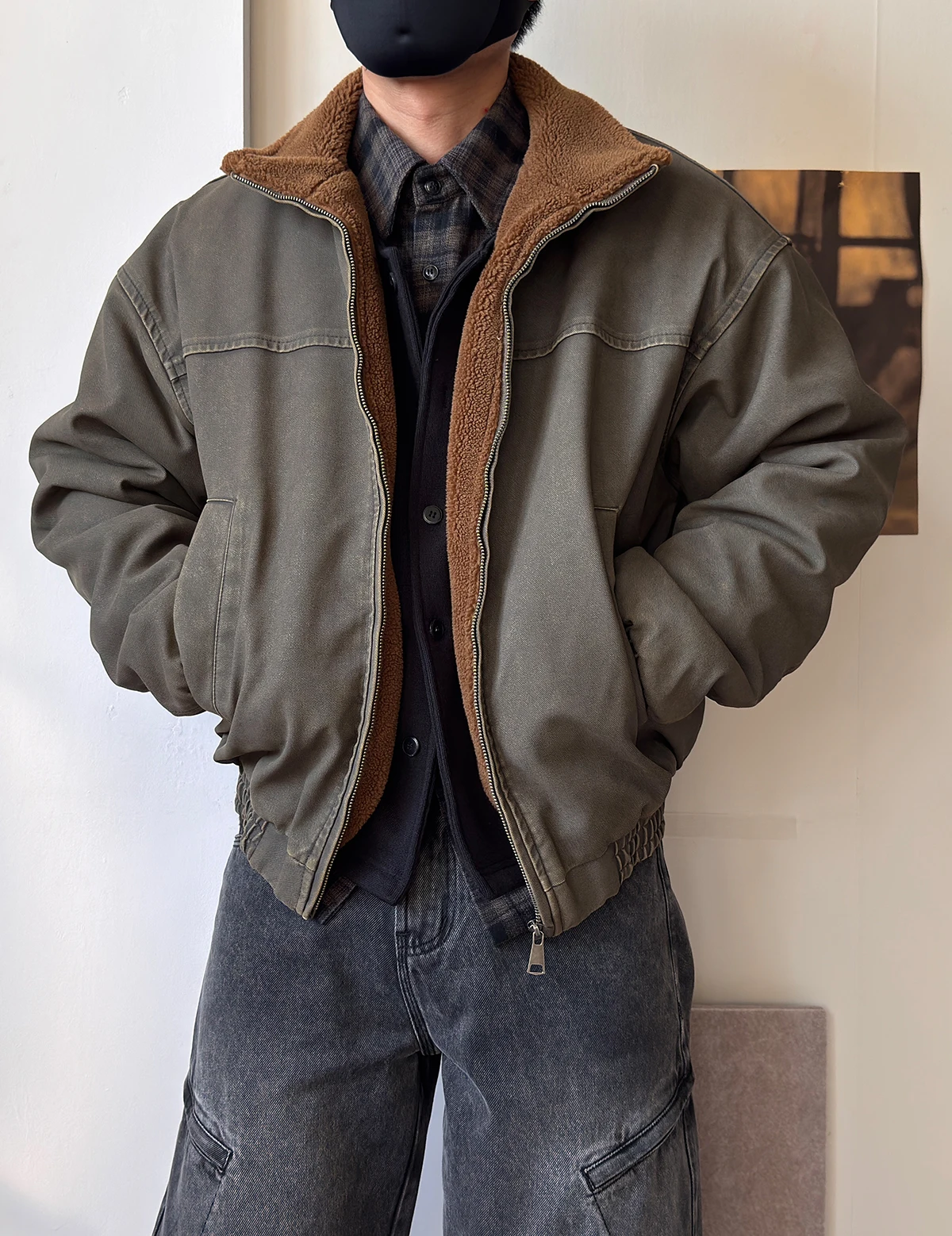 Mens Winter Heavy Duty Washed Distressed Fleece Jacket Thick Warm Windproof Stand Collar Streetwear High Quality Outdoor Coat