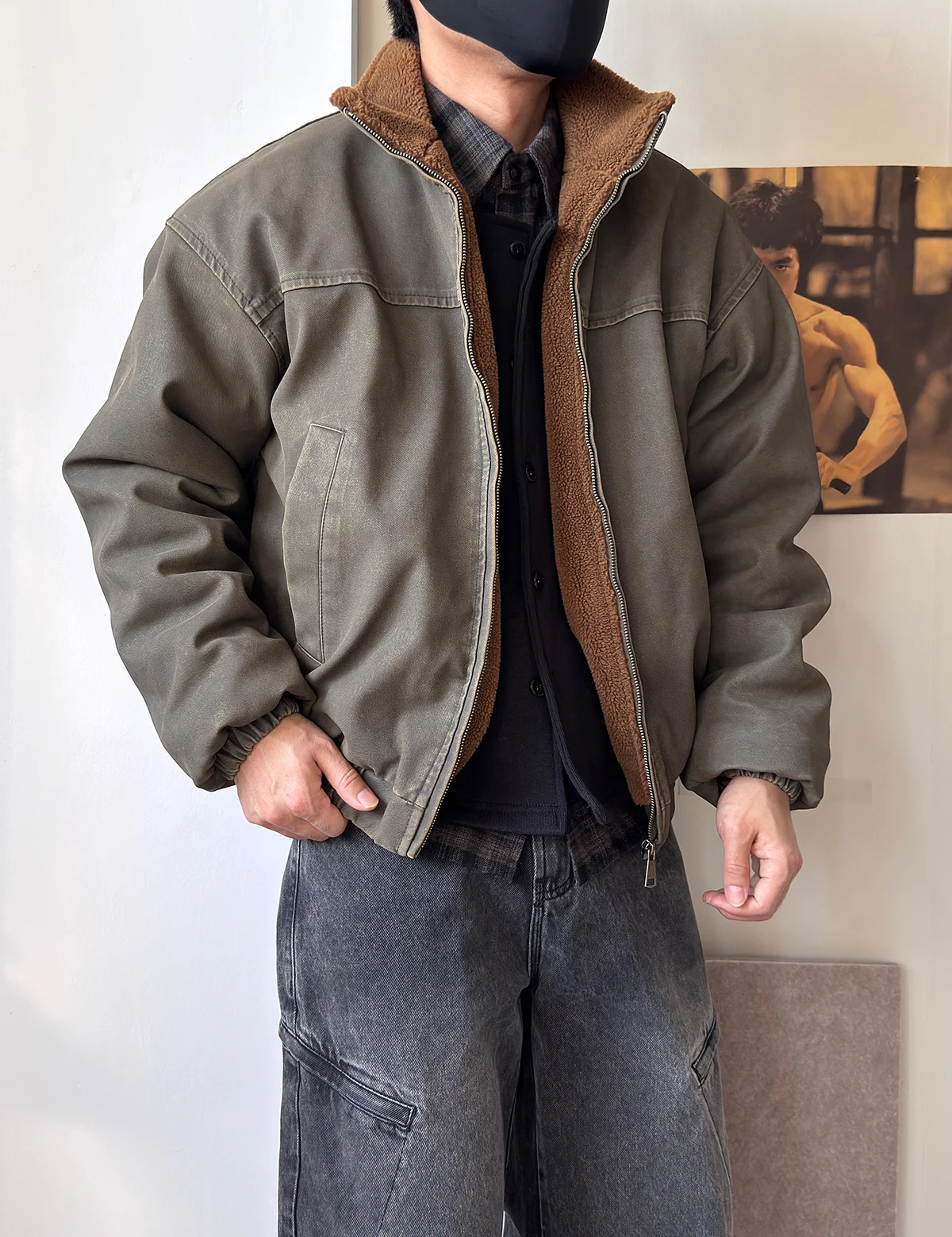 Mens Winter Heavy Duty Washed Distressed Fleece Jacket Thick Warm Windproof Stand Collar Streetwear High Quality Outdoor Coat