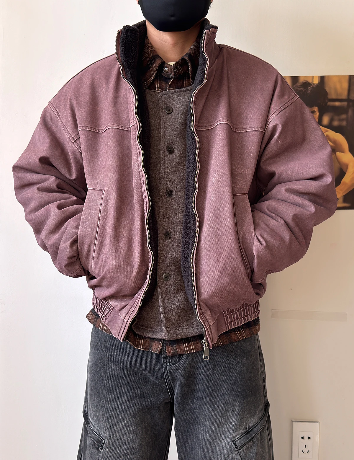 Mens Winter Heavy Duty Washed Distressed Fleece Jacket Thick Warm Windproof Stand Collar Streetwear High Quality Outdoor Coat