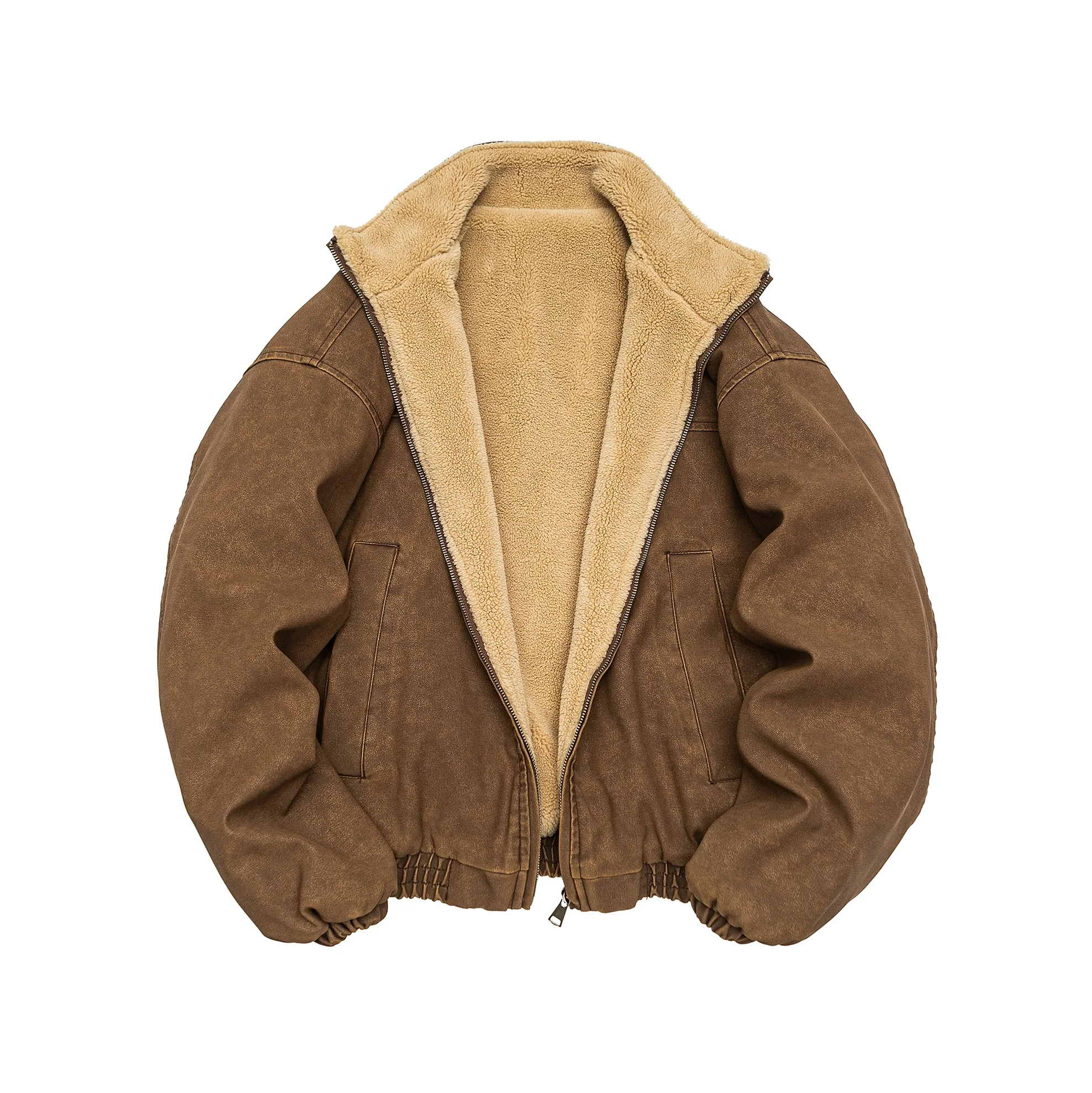 Mens Winter Heavy Duty Washed Distressed Fleece Jacket Thick Warm Windproof Stand Collar Streetwear High Quality Outdoor Coat