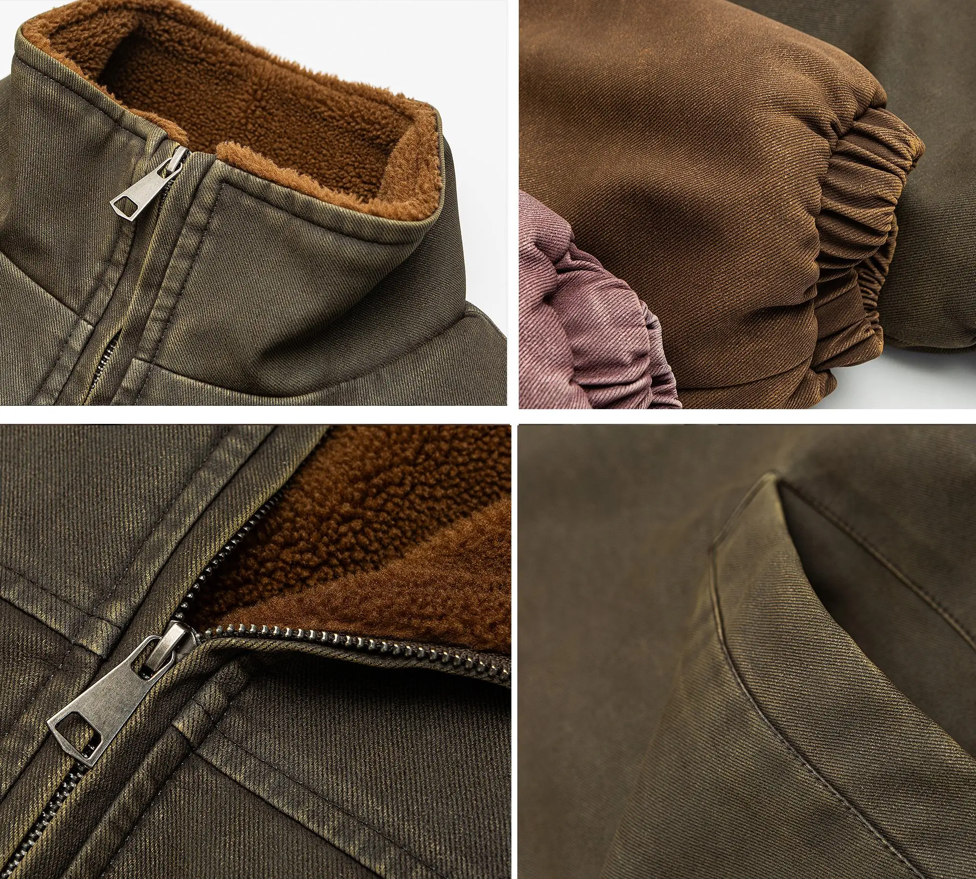 Mens Winter Heavy Duty Washed Distressed Fleece Jacket Thick Warm Windproof Stand Collar Streetwear High Quality Outdoor Coat