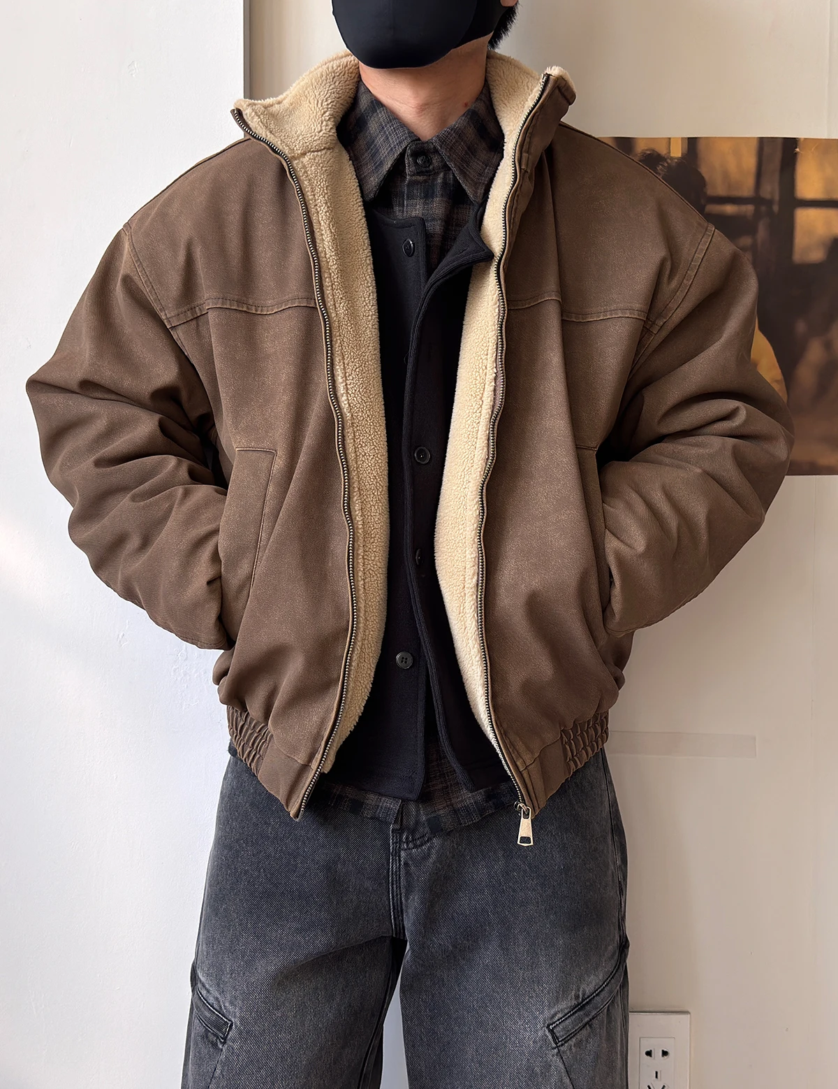 Mens Winter Heavy Duty Washed Distressed Fleece Jacket Thick Warm Windproof Stand Collar Streetwear High Quality Outdoor Coat