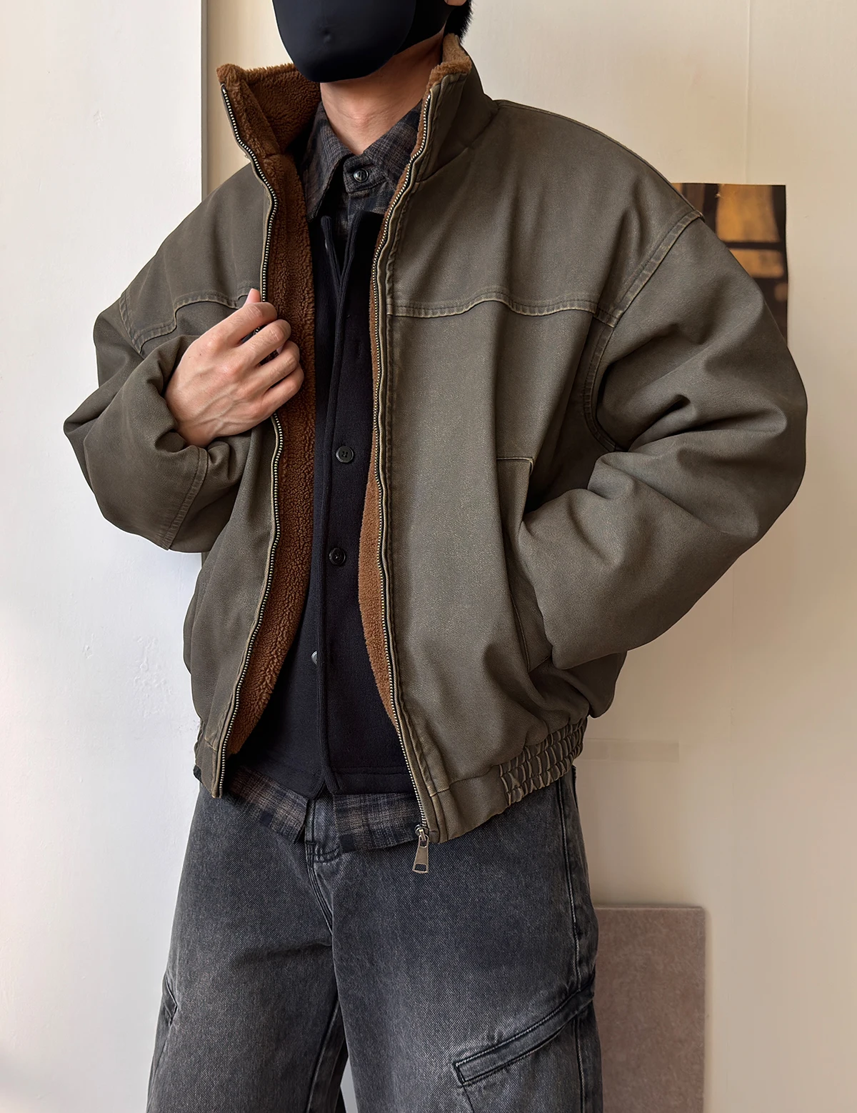 Mens Winter Heavy Duty Washed Distressed Fleece Jacket Thick Warm Windproof Stand Collar Streetwear High Quality Outdoor Coat