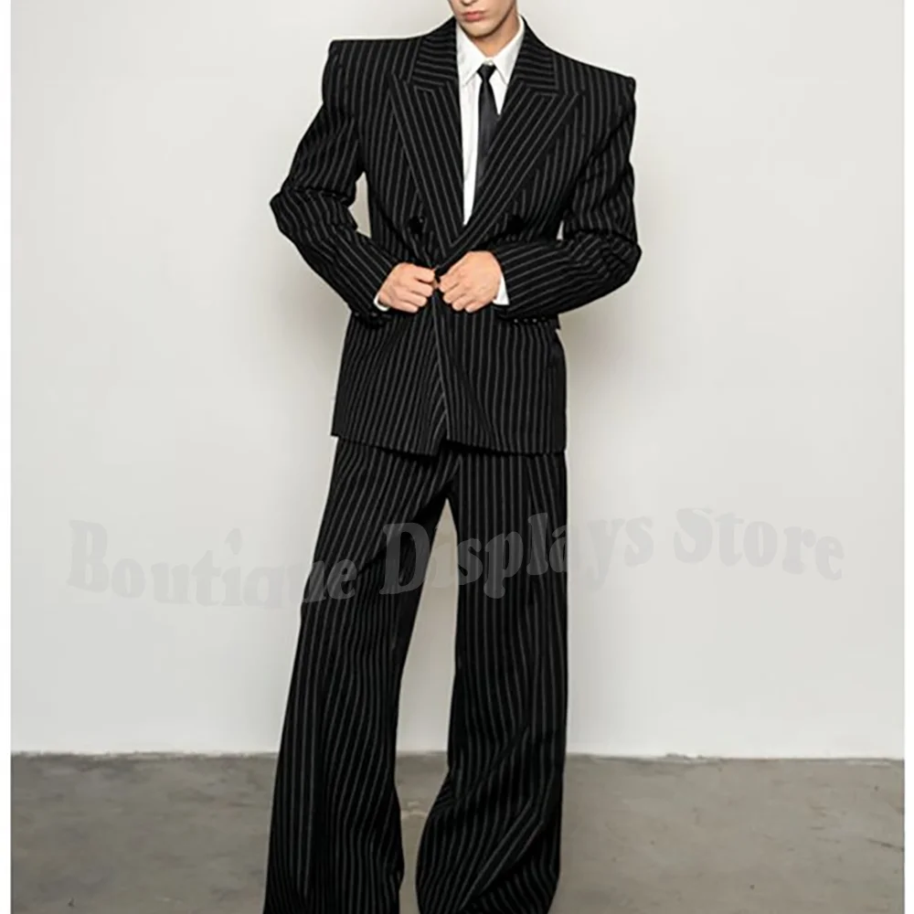 Fashion Striped Men's Suits Loose Casual High Street Style Double Breasted Chic Peak Lapel Blazer Pants Prom Suit Two Pieces