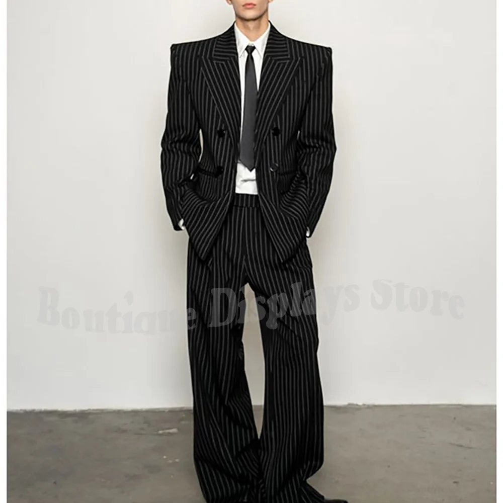 Fashion Striped Men's Suits Loose Casual High Street Style Double Breasted Chic Peak Lapel Blazer Pants Prom Suit Two Pieces