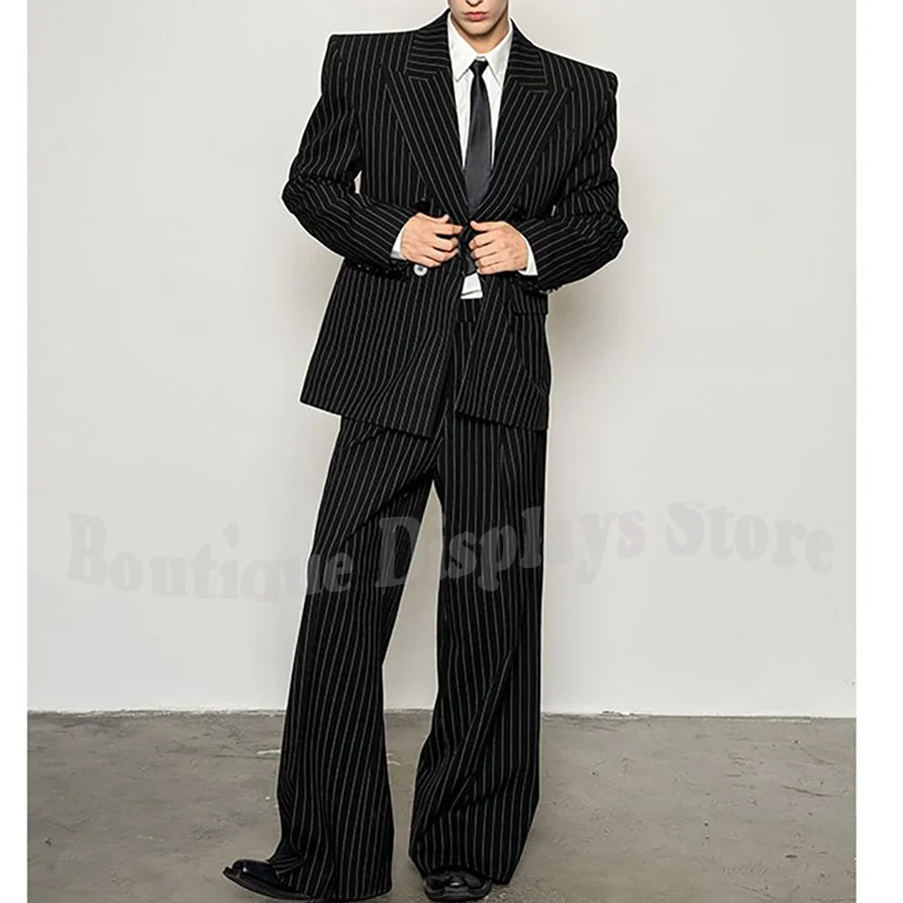Fashion Striped Men's Suits Loose Casual High Street Style Double Breasted Chic Peak Lapel Blazer Pants Prom Suit Two Pieces
