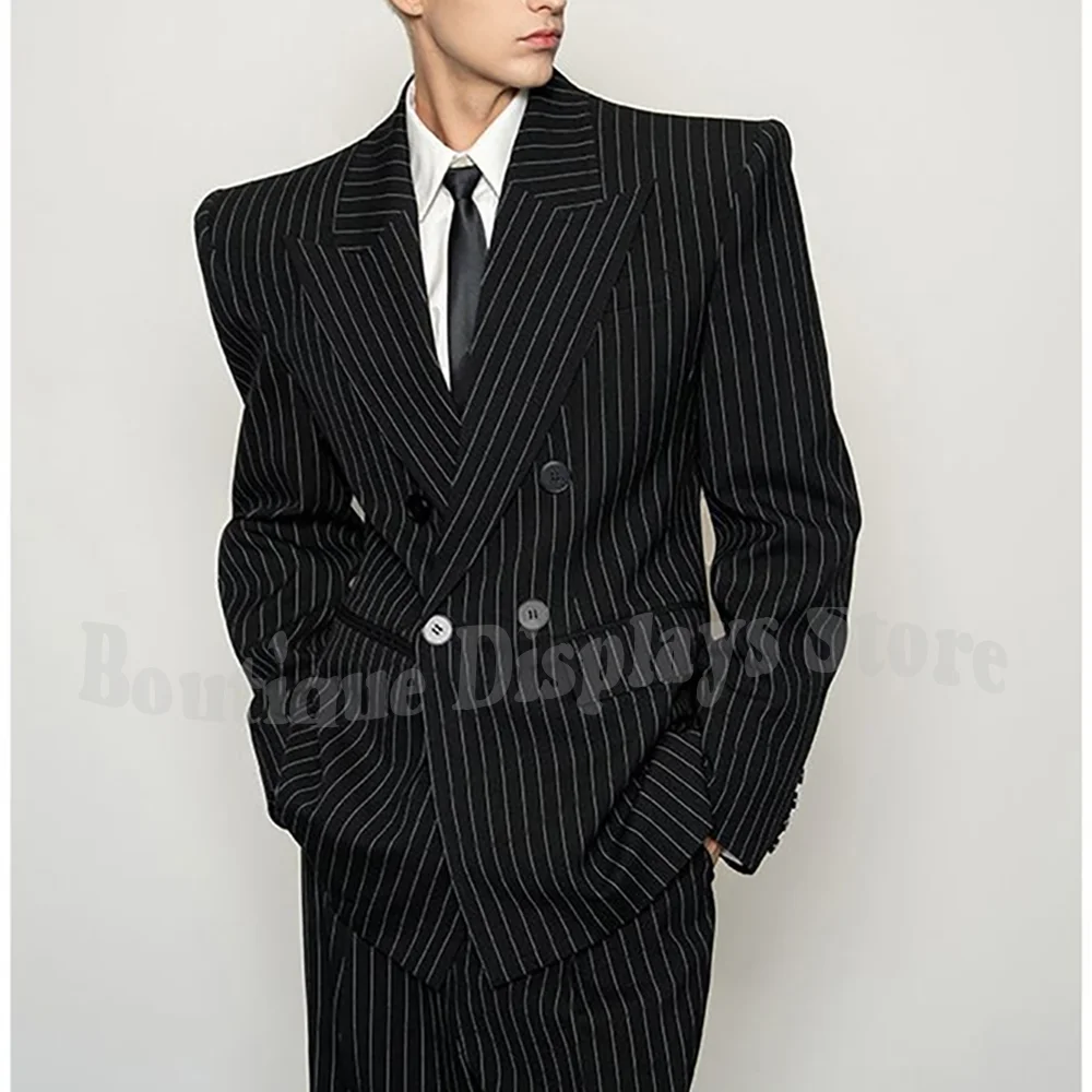 Fashion Striped Men's Suits Loose Casual High Street Style Double Breasted Chic Peak Lapel Blazer Pants Prom Suit Two Pieces