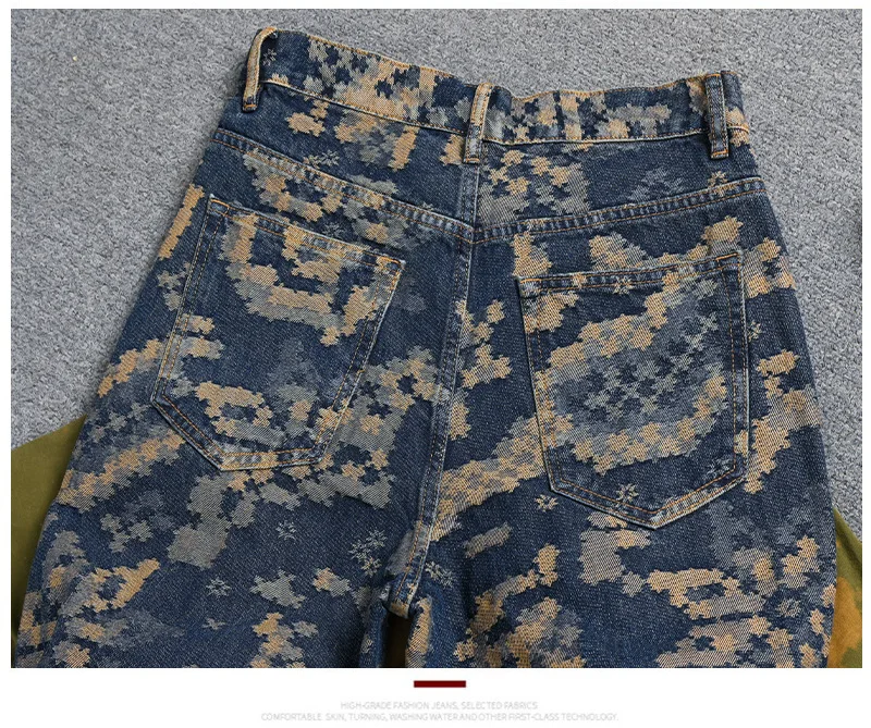 Mosaic Jacquard Embroidery Retro Jeans Men's Fashion High end Loose Straight Tube Trendy Printed Wide Leg Long Pants