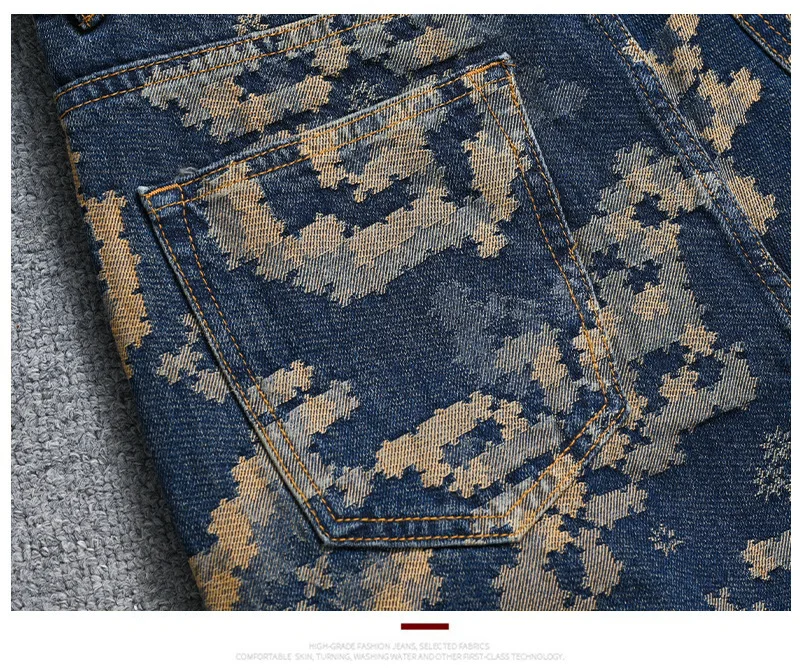 Mosaic Jacquard Embroidery Retro Jeans Men's Fashion High end Loose Straight Tube Trendy Printed Wide Leg Long Pants