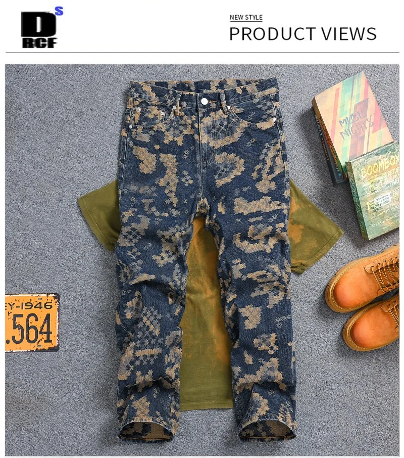 Mosaic Jacquard Embroidery Retro Jeans Men's Fashion High end Loose Straight Tube Trendy Printed Wide Leg Long Pants
