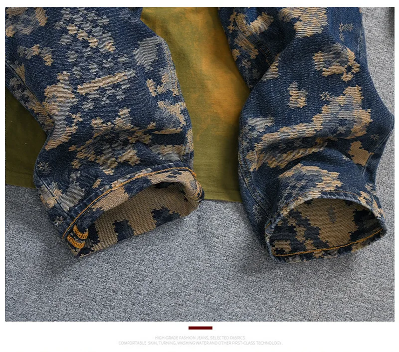 Mosaic Jacquard Embroidery Retro Jeans Men's Fashion High end Loose Straight Tube Trendy Printed Wide Leg Long Pants