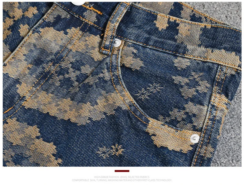 Mosaic Jacquard Embroidery Retro Jeans Men's Fashion High end Loose Straight Tube Trendy Printed Wide Leg Long Pants